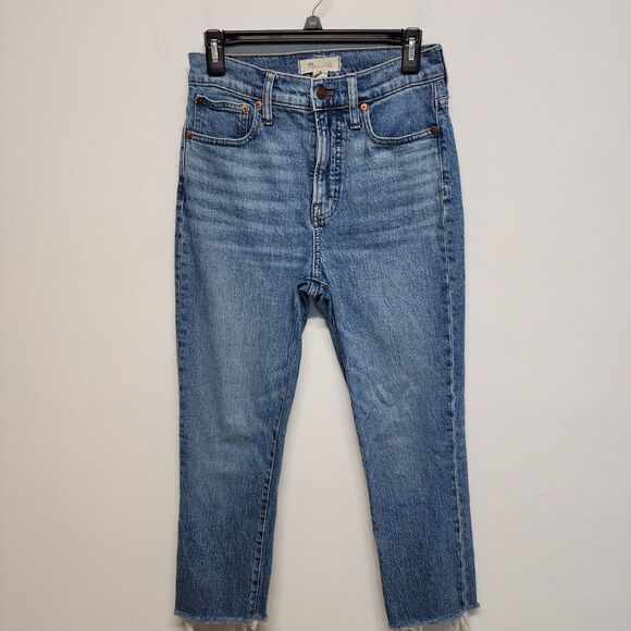 Madewell Perfect Fit Vintage Cropped Jeans Size 26x24 Blue Raw Hem Medium Wash - Picture 1 of 12